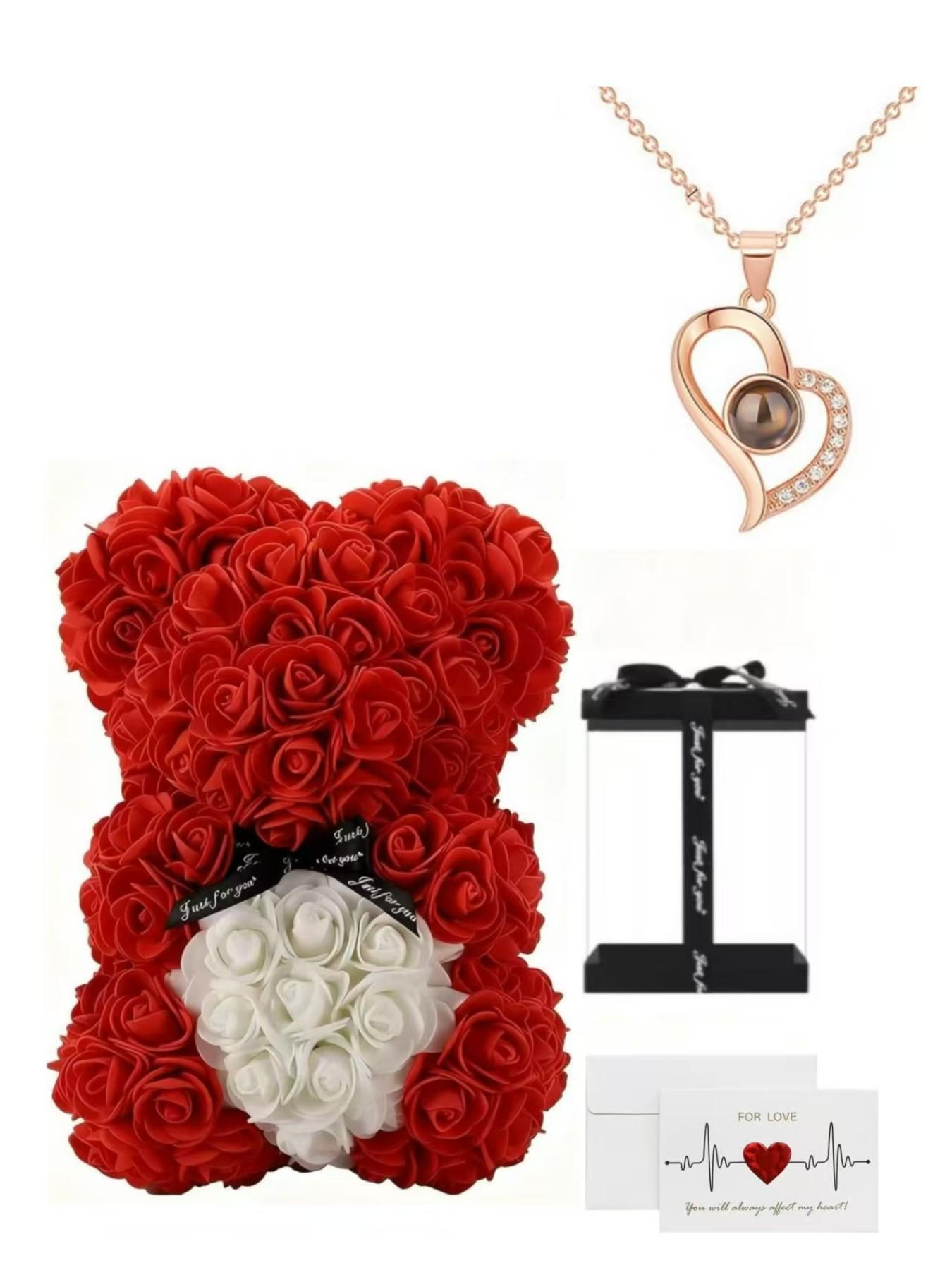 Valentine's Day Gift Set, 100 Languages Love Necklace, Heart Bear, Romantic Card, Mother's Day Present, Perfect for Girlfriend and Mom