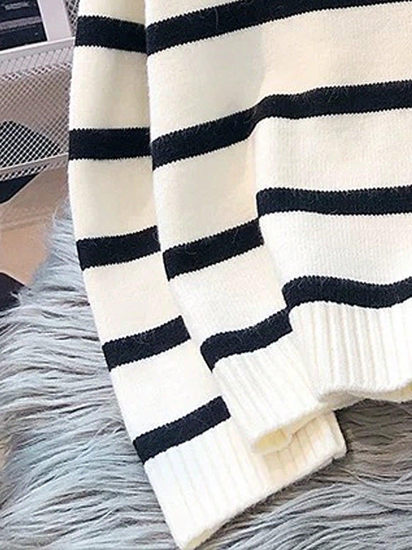 Women's Striped Print Zipper Drop Shoulder Sweater, Casual Long Sleeve Collared Jumper for Daily Outdoor Wear, Women Knitwear Top for Fall & Winter, National Day Clothing