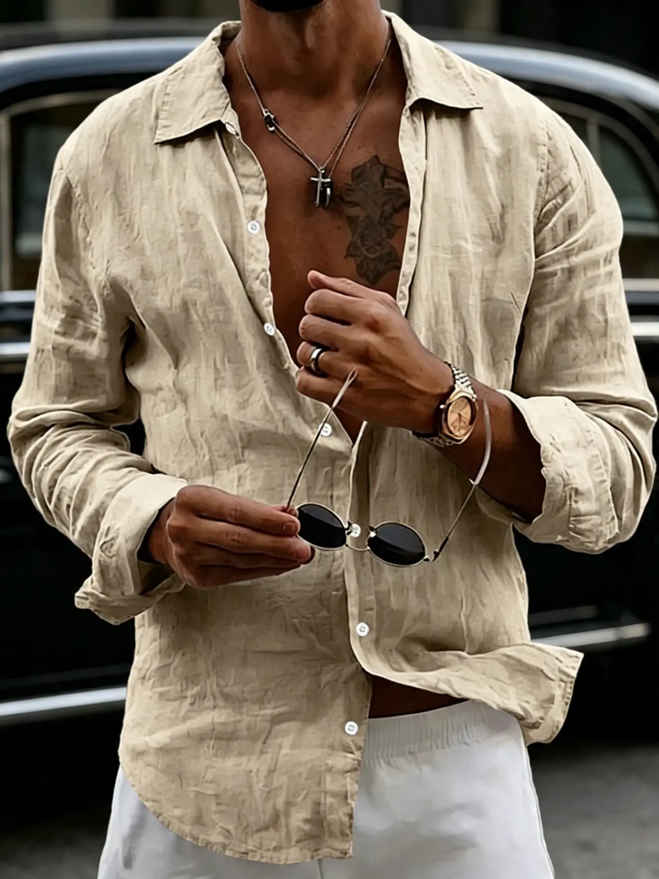 Men's Textured Wrinkled Linen Collared Long Sleeve Shirt, Thin Breathable Sun Protection Blouse for Spring & Summer, Solid Color Loose Button Up Top, Multi-scene Wear for Beach Vacation / Commute Shopping / Home Casual, Men's Clothing Available in 8 Color
