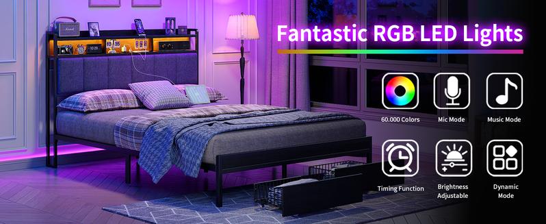 FUSOU RGB LED Headboard Bed with Charging Station, [FRAME ONLY NO MATTRESS], Upholstered Platform Bed Frame with 2 Storage Drawers, 2 USB & 2 AC Outlets, No Box Spring Needed, Black, Full Size ,Queen Size