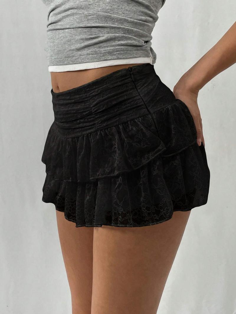 Women's Solid Lace Tiered Layer Skorts, Casual Sexy 2 in 1 Skirt for Summer, Women's Bottoms for Daily Wear, Skirtswomen, Tennis Ruffle Trim Casual Sporty Athletic White Skort, Lightweight Athletic Skirts, Casual Comfy Skorts, Breathable Skorts