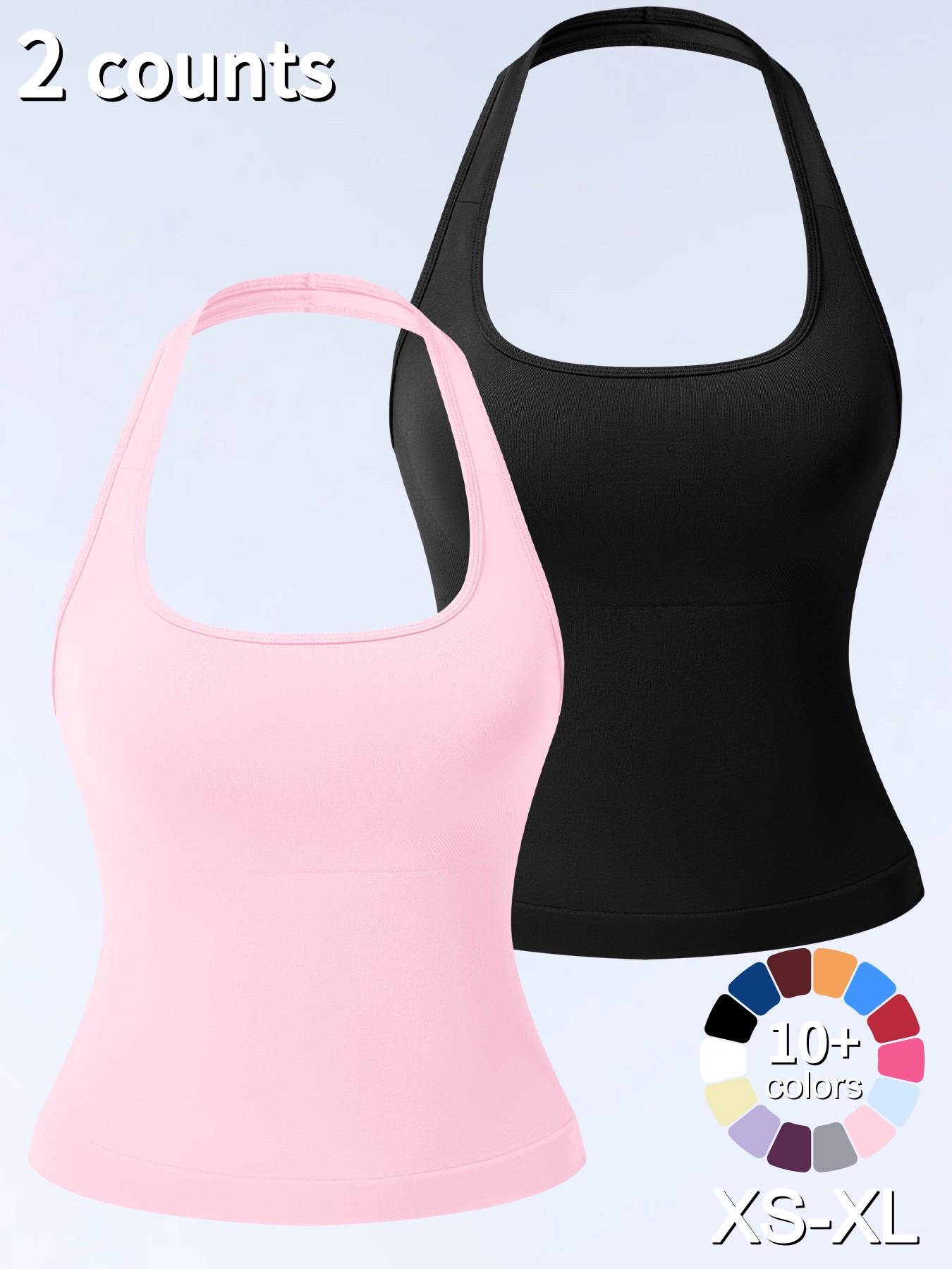 1/2/3/4 Pcs Women's Sleeveless Yoga Halter Neck Tank Top with Removable Pads, Three-Layer Seamless Backless Tank Tops Casual Solid Color Soft All Seasons Wear