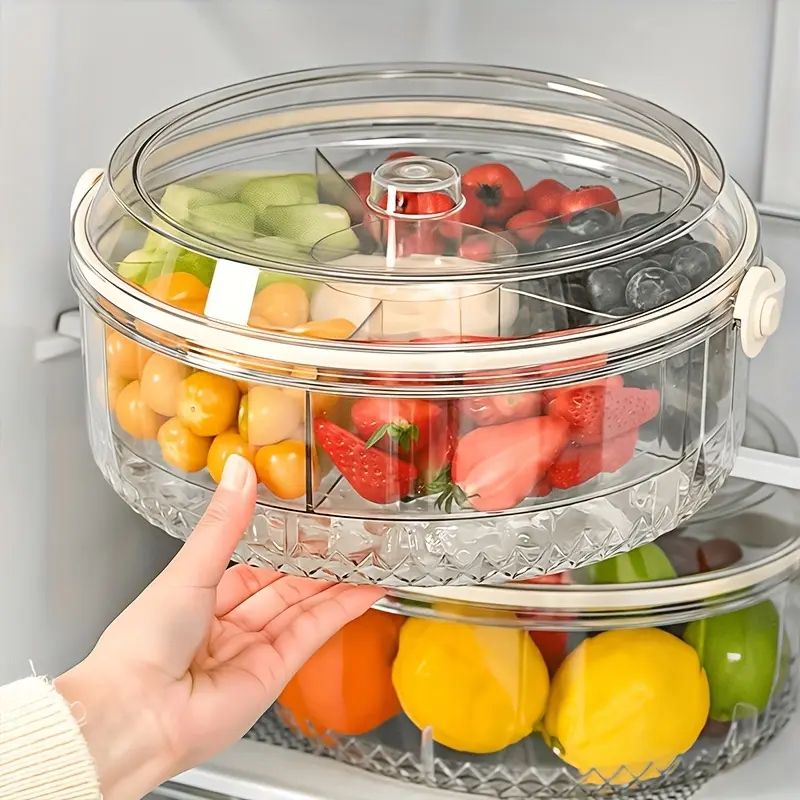 Transparent compartmentalized vegetable serving tray with lid and dipping sauce section, suitable for parties, outdoor picnics, dining, takeout and food delivery, Produce Containers