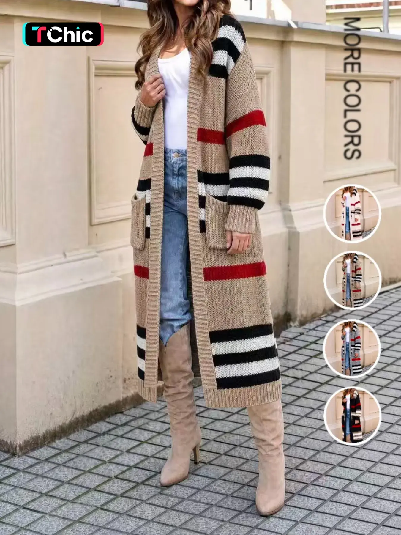 Women's Loose Knit Cardigan, Fall & Winter New Long Soft Sweater Coat with Long Sleeves, Stylish Striped Design with Pockets, Comfortable Fashionable Daily Wear Casual