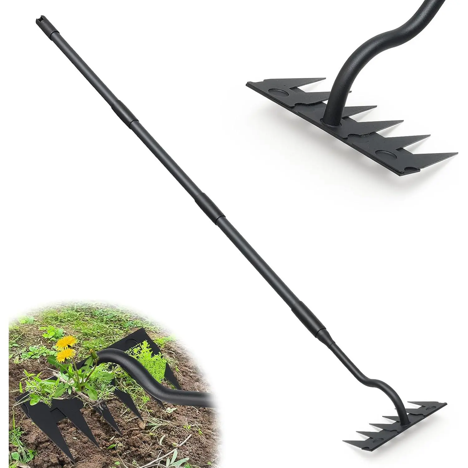 Manual Weeder Tool,6 Tines Garden Weeding Rake with  ,55 Inch Long Handle,Heavy  Stand Weeding Tool for Weeding Loosening Soil Gathering Leaf Leveling Thatch Rake