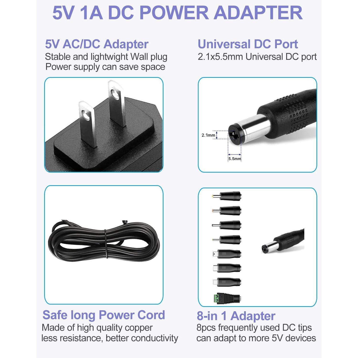 5V 1A Safety Guarded Power Adapter with Multiple Tips - 5W Charger, AC 100V-240V to DC, USB Type-C Cord for Camera, Raspberry Pi