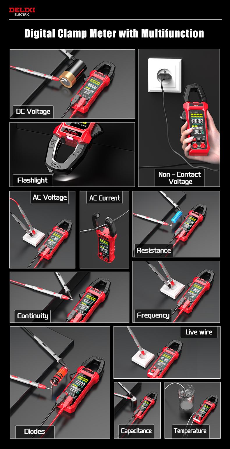 DELIXI Electric Clamp Meter Multimeter 6000 Count Auto-Ranging Voltage Tester, DLX-COA8320 AC/DC Voltage & AC Current, Non-Contact Voltage Testing, Temperature Continuity Resistance Diode Measurement Meter with Storage Bag