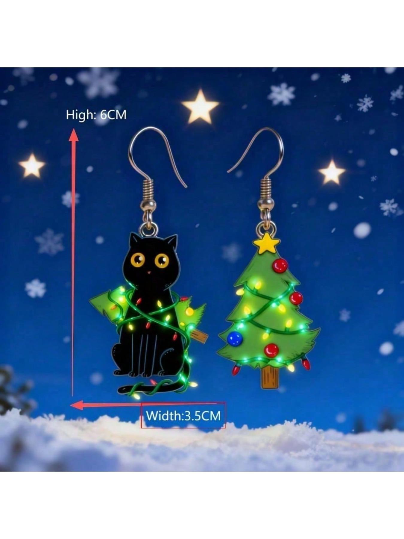 Cute Black Cat and Pine Tree Earrings - Acrylic Material, Suitable for Christmas Day and Daily Wear, Women's Party Fun Declaration Earrings (Gift for Her) - Comfortable and Durable Design