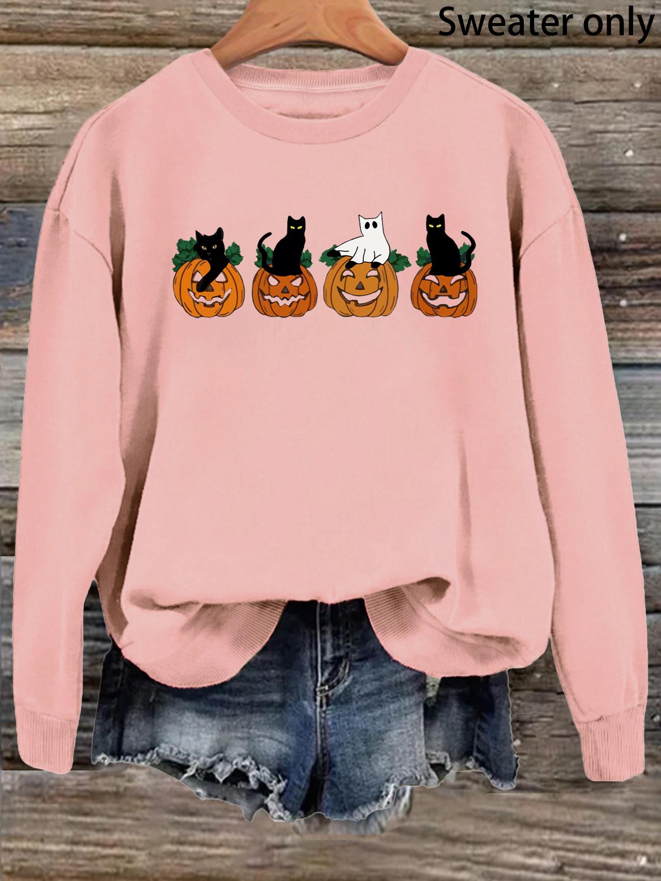 Women's Cartoon Cat & Pumpkin Print Crew Neck Sweatshirt, Casual Drop Shoulder Long Sleeve Pullover, Women's Fall & Winter Clothes for Daily Wear, Halloween