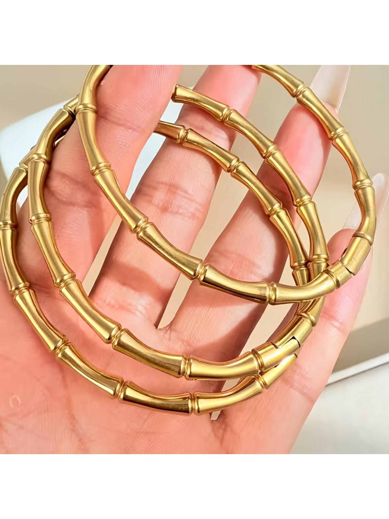 Bamboo Design Gold Bangle Set, 3-Piece Stackable Bracelets, Stainless Steel No Fading Bangles, for Women, Fashion Jewelry & Gifts for Daily Wear.