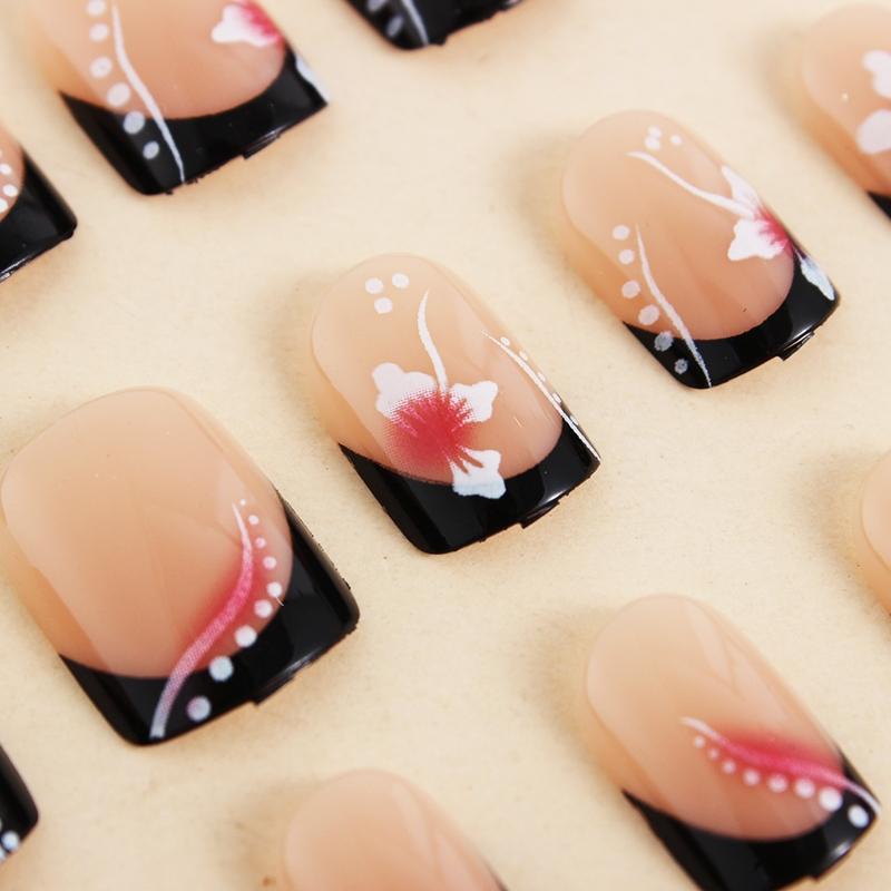 24 pieces short square black French blush flower press on nails press on nail art decals fake nails Flower Design Nails French Tips Nails