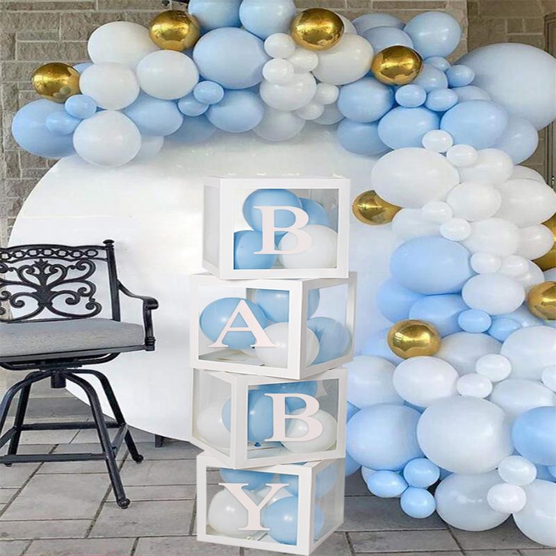 27cm Baby Paper Balloon Box Baby Boxes With 4 pcs Letters,White Clear Balloon Box Blocks for Baby Shower Gender Reveal Decoration,Kids Birthday Party Decor