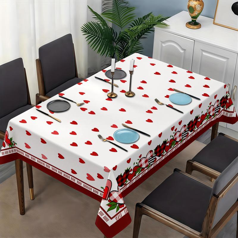 Rectangle Tablecloth with Red Heart & Checkered Border, Polyester Material, Multiple Specifications Available, Multi - Color, Easy to Clean, Suitable for Daily Use, Festivals & Anniversaries, Festive Home Decoration