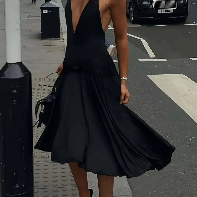 New Fashion Elegant Tie Waist Asymmetrical Hem Dress, Casual Fitted Plain Surface Dress, Unlined Lightweight Design, Bodycon Halter Dress