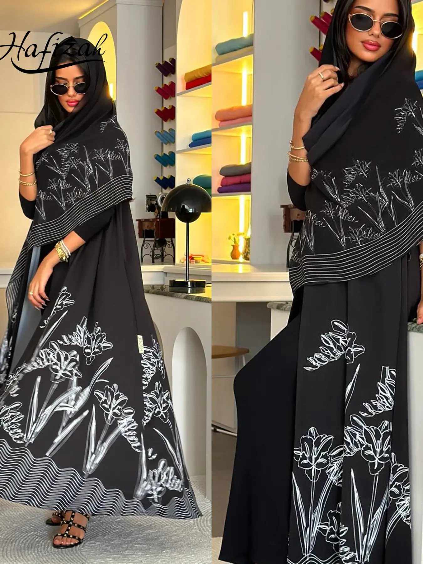 Women's Muslim Abaya Floral Print Maxi Dress, Long Sleeve Loose-Fit Kaftan with Hijab Scarf, Modest Fashion for Eid Ramadan Party