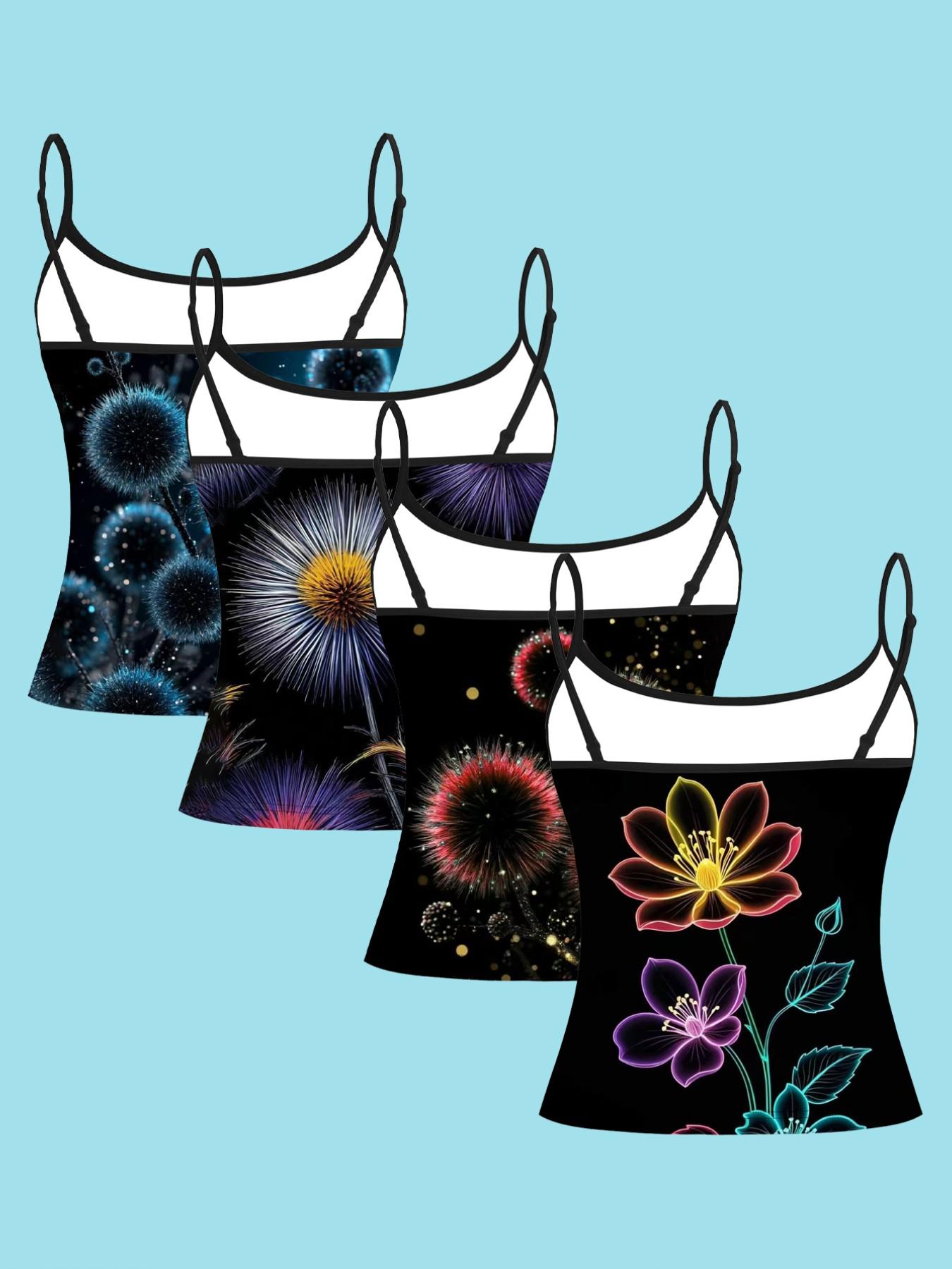 Neon Fluorescent Floral Print Strappy Top, Cyberpunk Slim-Fitting Shirt, 4-Piece Set, Casual Style, All over Print, Fashionable Clothing