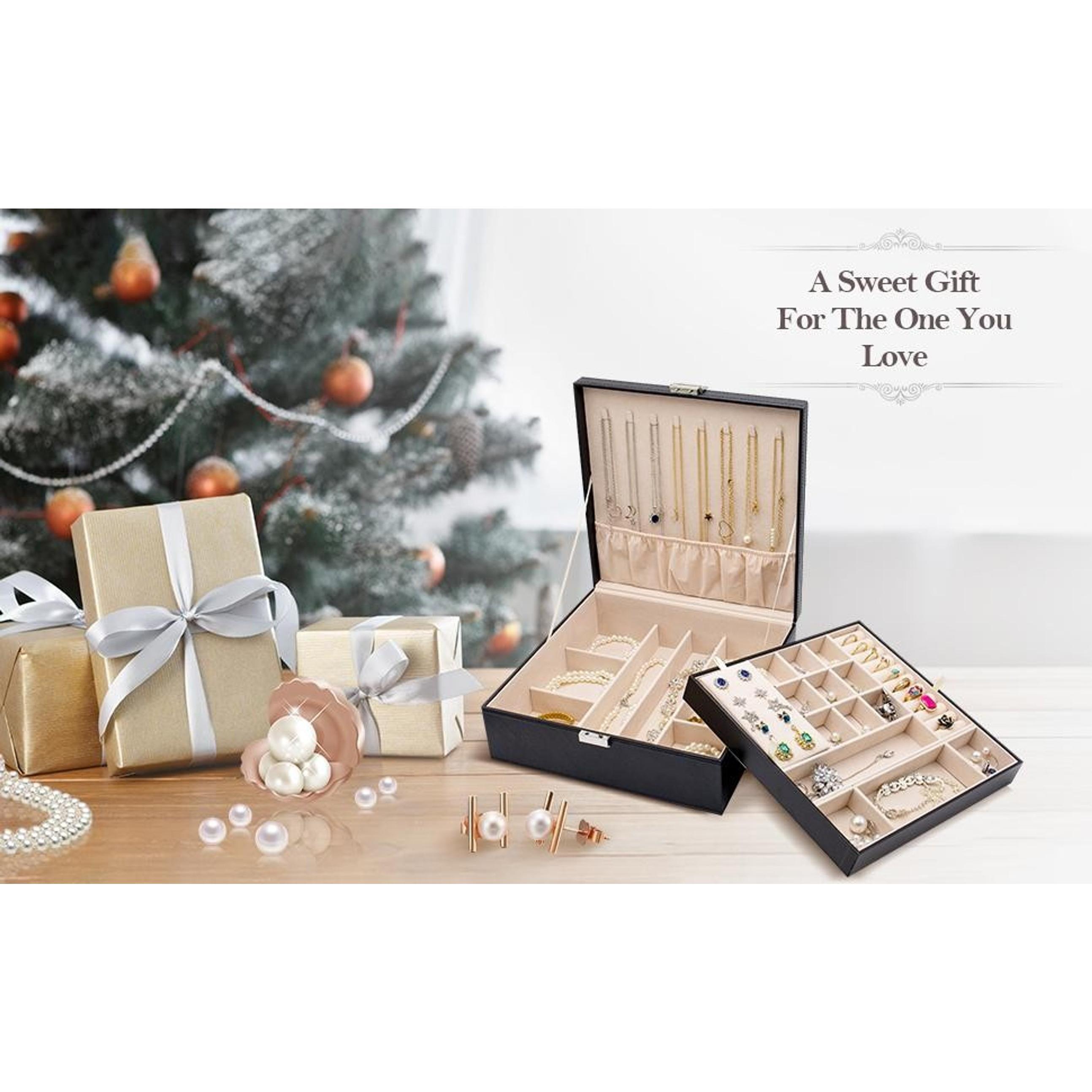 Two-Layer Leather Jewelry Box for Women - Black | Large Jewelry Organizer Storage Case with Removable Pad for EarringsGift