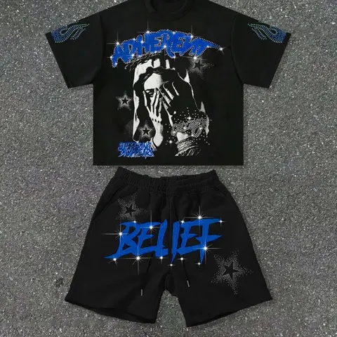 Men's Casual Aesthetic Geometric Print Tee and Drawstring Shorts Set, Rhinestone Loose Fit Round Neck, Soft Breathable, Perfect for Leisure Sports, Menswear, Clothes, Casual Outfit Set