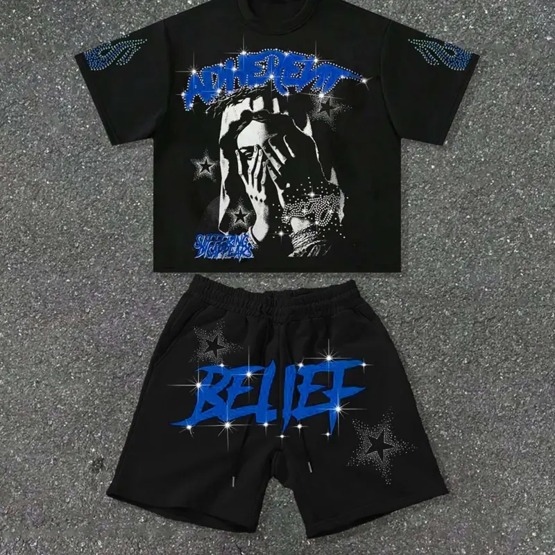 Men's Casual Aesthetic Geometric Print Tee and Drawstring Shorts Set, Rhinestone Loose Fit Round Neck, Soft Breathable, Perfect for Leisure Sports, Menswear, Clothes, Casual Outfit Set