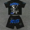 Men's Casual Aesthetic Geometric Print Tee and Drawstring Shorts Set, Rhinestone Loose Fit Round Neck, Soft Breathable, Perfect for Leisure Sports, Menswear, Clothes, Casual Outfit Set