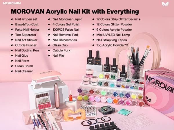 Morovan Blossom Series Acrylic Nail Kit with UV Lamp 4Colors Gel Polish 12Glitter Powder Complete Tools for Beginners Manicure Cuticles