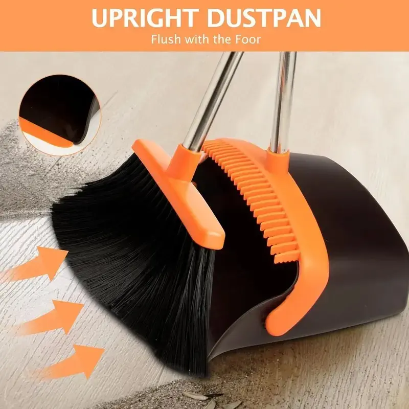 Long-Handled Broom and Dustpan Set for Home, Ideal for Pet Hair Removal in Brown and Orange