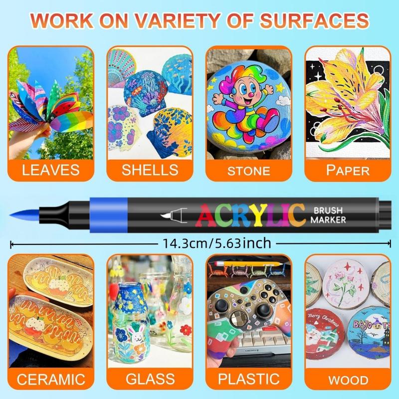 Acrylic Paint Pens Markers,Soft Brush Tips - Quick-Dry Professional Art Markers for Rock Painting, Canvas, Wood, Glass, Ceramic, Fabric, Plastic, Egg & Scrapbook. Paint Markers