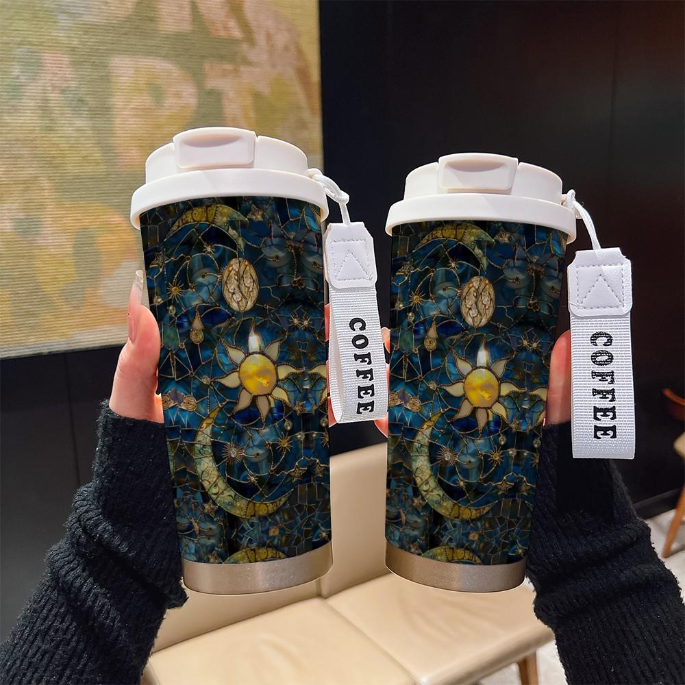 Abstract Moon Sun Coffee Cup, Portable Insulated Tumbler, Heat/cool Keeper, Boho Style, Ideal for Office, Travel, Sports, Golf