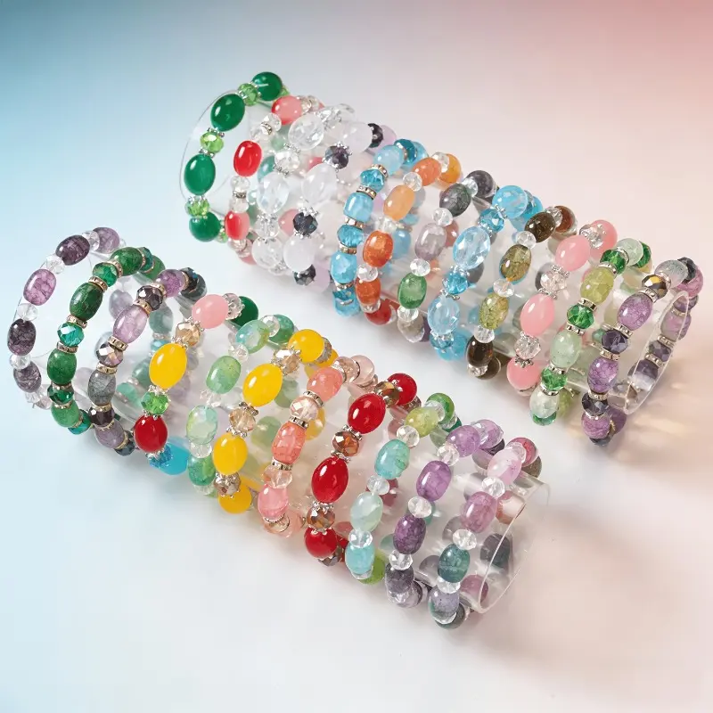 Women's 13-Pcs Handmade Elastic Bracelets with Cracked Glass Beads, Adjustable Casual Everyday Use Hand Jewelry, Handmade Craft Elastic Band Fashion Gift for Summer Vacation, Adjustable Size