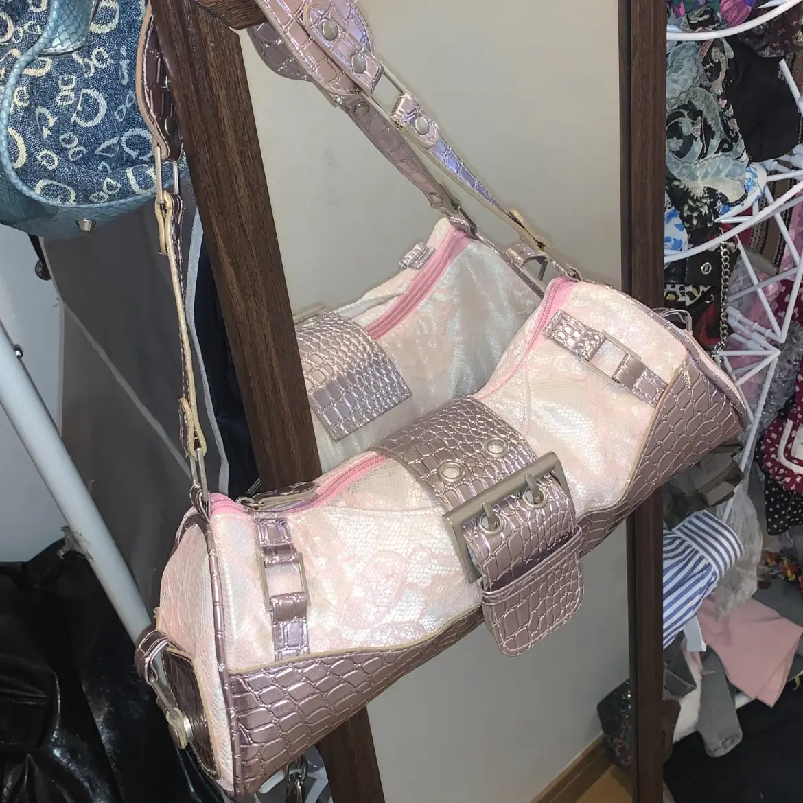 Heavy-duty style printed shoulder bag, lace bag, leather-like one-shoulder bag, mini bag