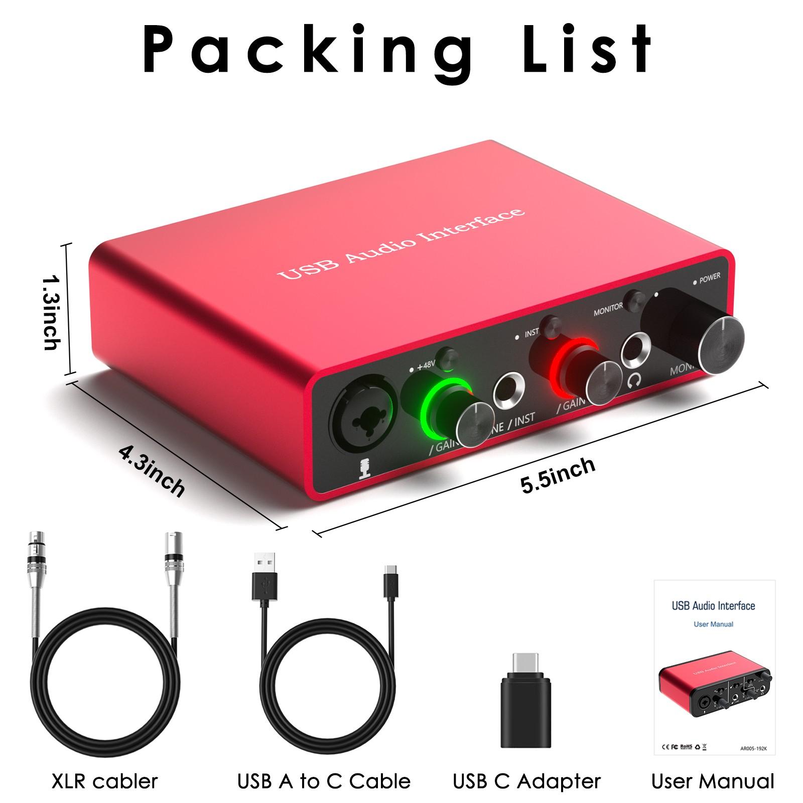 Audio Interface for PC USB Mixer Recorder, Studio Mixer, Recording, 48v Phantom Power, 24-Bit Support, Compatible with MAC Os and PC Audio Devices