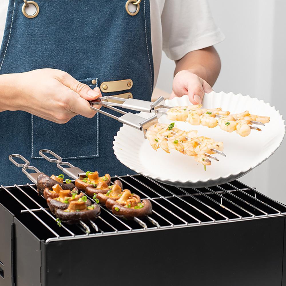 Stainless Steel Barbecue Grill Fork & Skewers Set, Barbeque-Style Double Pronged Forks for Shrimp, Meat, Veggies, Non-Slip Handle, Reusable, Easy to Clean, Ideal for Outdoor Grilling Parties, Barbeque-Style Barbecue Forks