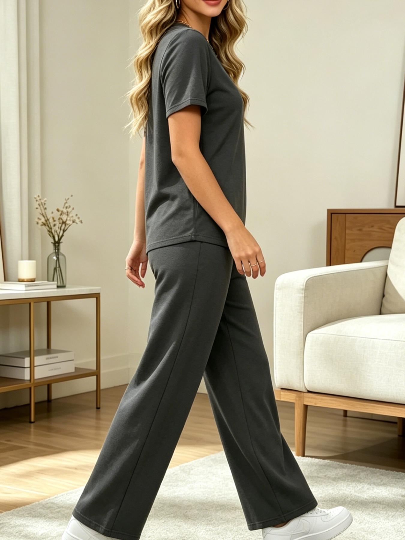 Women's Fashion Womenswear Solid Color Casual Round Neck Pocket T-Shirt + Drawstring Wide Leg Pants Set Loose Fit Slimming Wide Leg Pants Two-Piece Set Suitable for Summer Commuting to Work Shopping Outings Indoor and Outdoor Wear