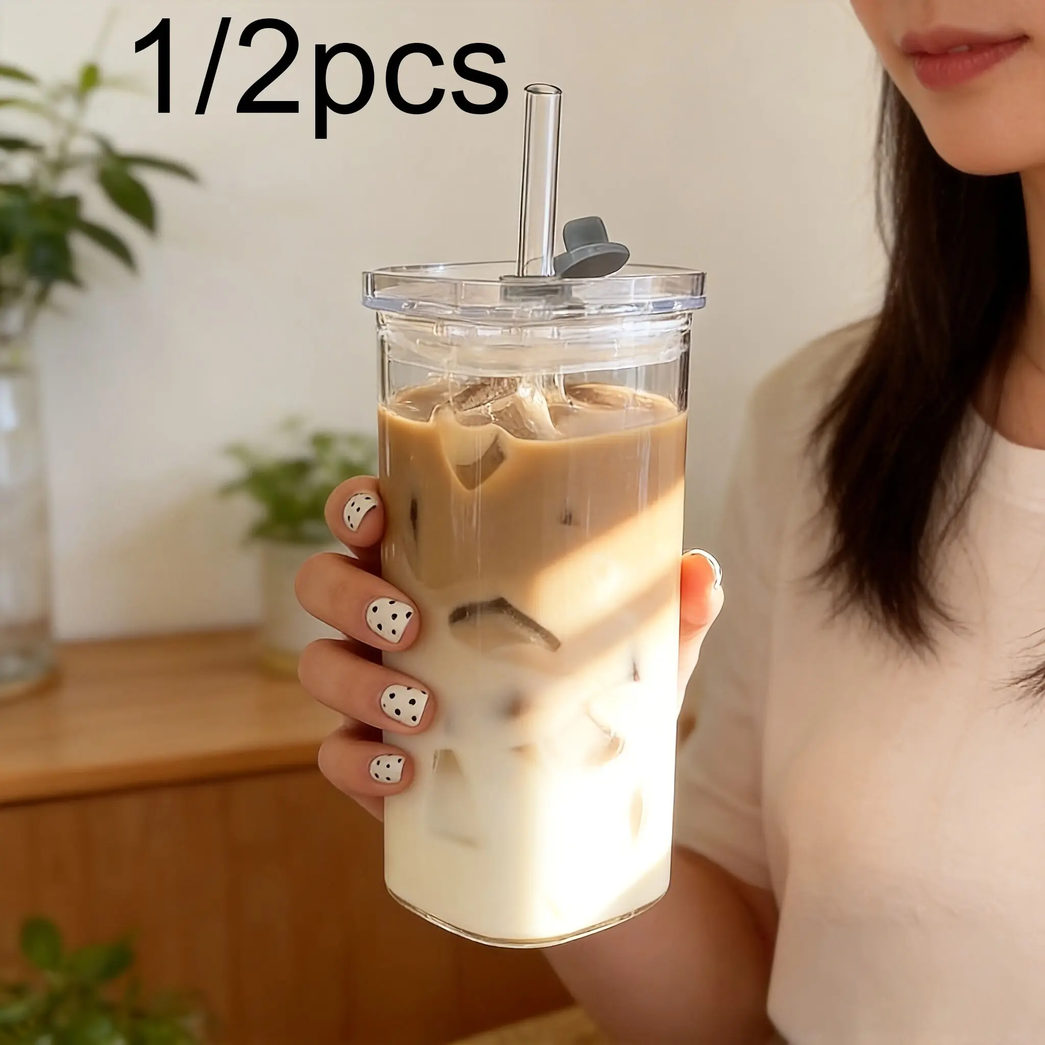 Square Glass Cup with Straw and Lid, Non-Slip Design, Reusable, Heat Resistant, Ideal for Coffee and Milk Tea, Perfect Gift
