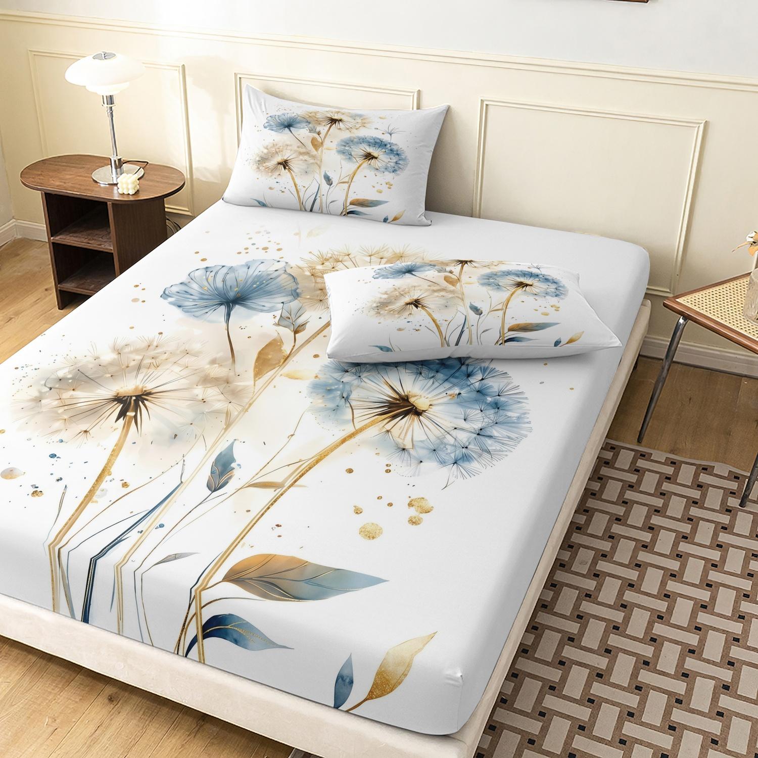 3pcs Set Natural Watercolor Dandelion Fitted Sheet, Botanical Floral Printing Themed Bed Sheets For Themed Hotel And Dorm Decoration (1 Fitted Sheet + 2 Pillowcases No Comforter No Pillow)