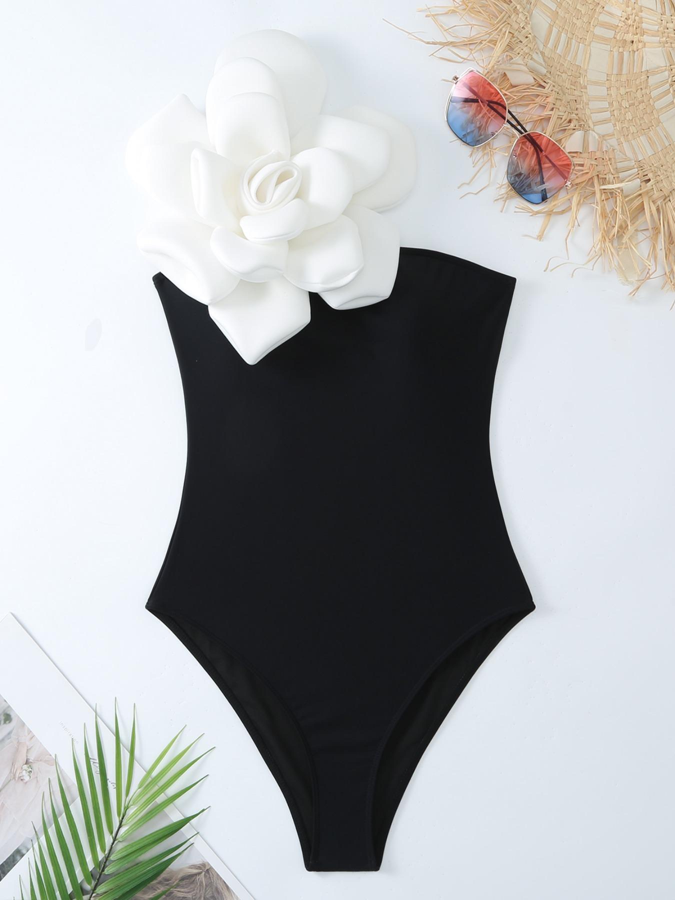 Women's Flower Decor One Shoulder One Piece Swimsuit & Skirt Set, Appliques Striped Print One Piece Swimsuit & Flared Skirt, Two Piece Outfits for Summer Beach Holiday Vacation, Swimsuit Cover Ups