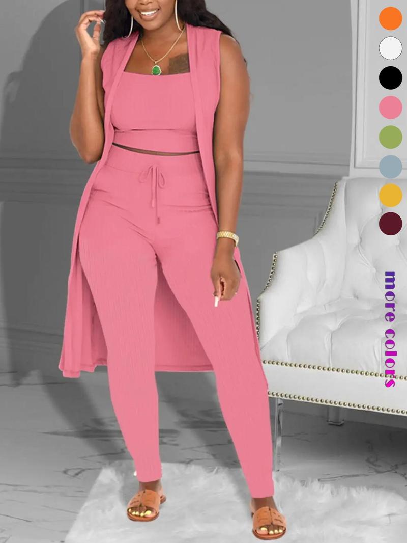 Three-Piece Set Women's Solid Crop Tank Top & Tie Front Pants & Open Front Outerwear Set, Casual Cropped Top & High Waist Trousers & Outerwear, Ladies Clothes for Daily Wear