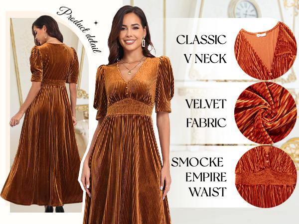 Pinup Fashion Velvet Wedding Guest Dress - Fall Formal Holiday V Neck Empire Waist Long Dresses