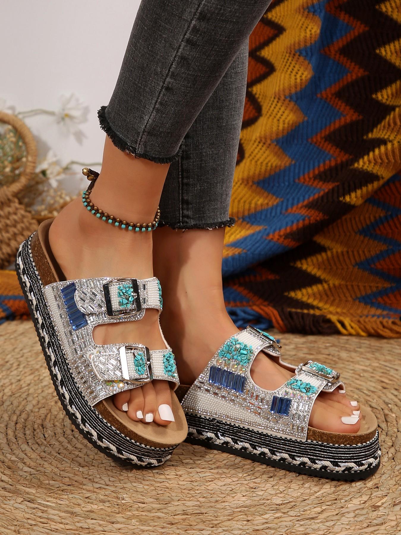 Women's Summer Fashion Thick Sole Sandals Bohemian Style Platform Slides 2026 New Trendy Rhinestone Colorful Stone Slippers O Wedge Beach Shoes Must-have for Coastal Vacation Flexible Sandals