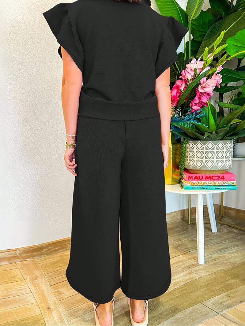 Women's elegant solid color textured ruffle sleeve half-zip top T-shirt sweatshirt and high waist wide-leg pants set, comfortable and fashionable, suitable for sports, daily leisure, outdoor activities, parties, lazy time wear