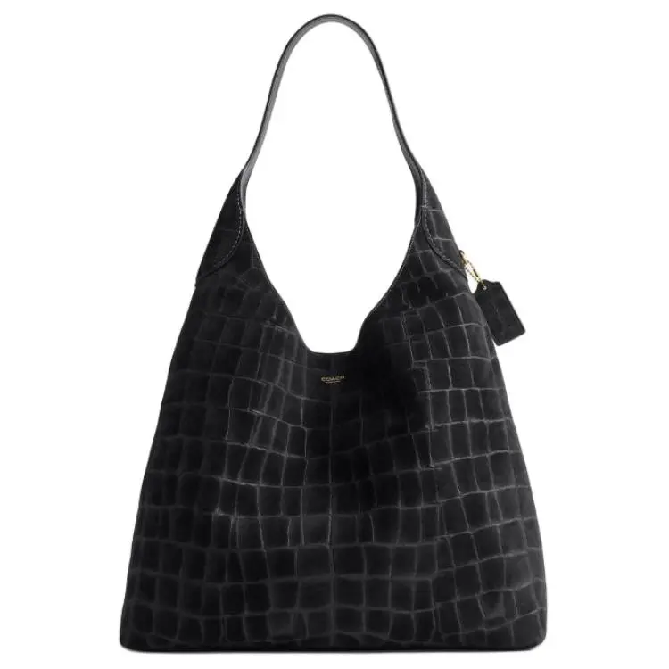 COACH Brooklyn 39 Logo-Embossed Leather Houndstooth Hobo Handbag for Women, Black