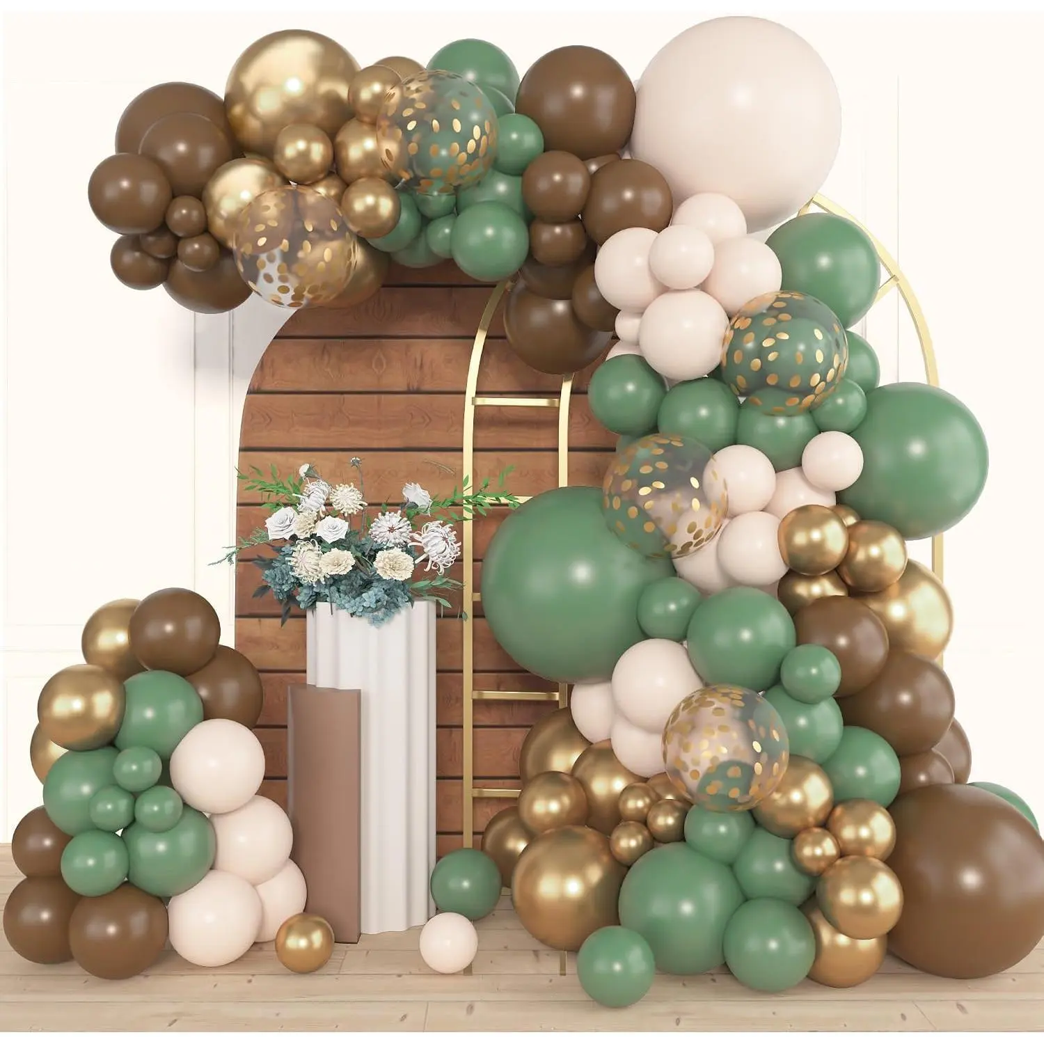 153pcs Sage Green Brown Balloon Garland Arch Kit, Different Sizes 18 12 10 5 inch Olive Green Gold Latex Metallic Confetti Balloons for Safari Jungle Woodland Birthday Shower Decorations