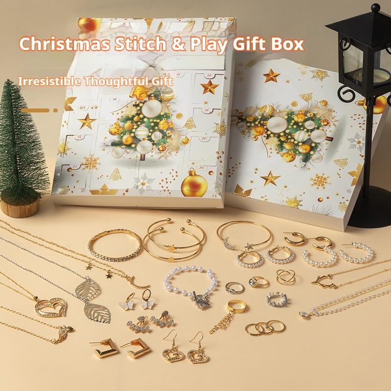 Christmas Countdown Calendar Jewelry Blind Box Earrings Necklace Bracelet Gift Set, Festive Holiday Accessory Collection