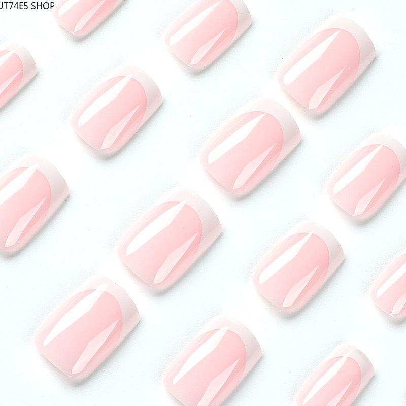 Square Press On Nails, European Medium Long French White Tip Pink False Nail Tips Fashion Finished Nail Art Nail Art Products Press Ons Nail