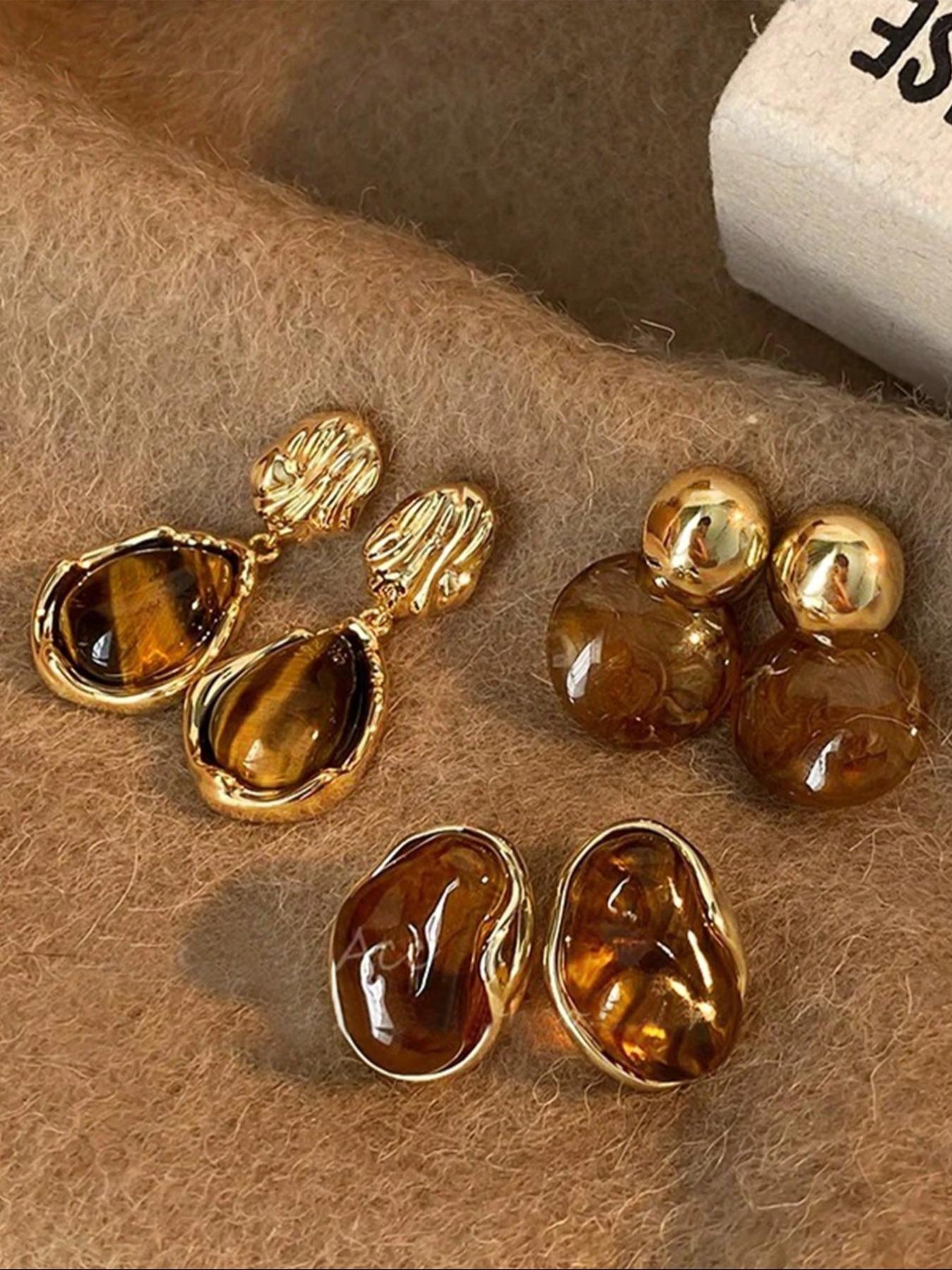 Elegant Tiger Eye Stone Earrings for Women, Vintage Style Amber Color Jewelry, Perfect for Daily Wear, Parties & Formal Events