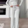 Women's Solid Long Sleeve Crop Top & Drawstring Waist Straight Leg Pants Loungewear Set, Casual Comfy Round Neck Top & Trousers PJ Set, Ladies Sleepwear for Summer & Fall