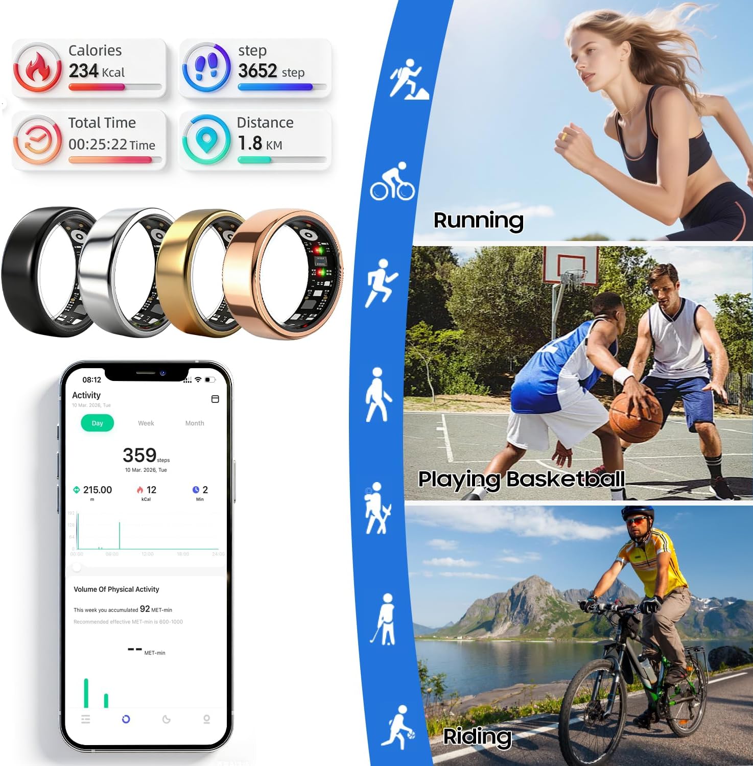 Optimized Precision Optical Sensor Smart Health Ring, Smart Ring for Women Men, Health Fitness Ring Gen 3 with Free App No Subscription Fee, Stress & Sleep Monitor, Heart Rate & Step Tracker, IP68 Waterproof, Android/iOS Compatible,, Wearable, Fitness Wea