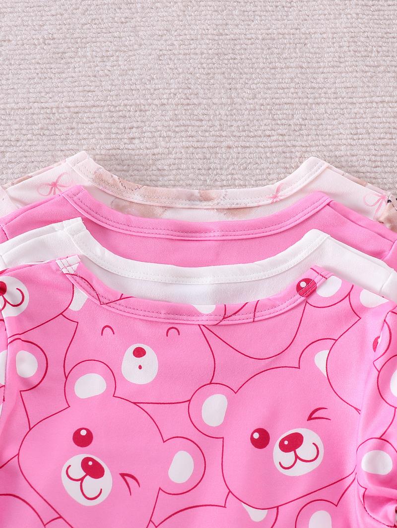 Baby Girls' Soft Comfortable Cartoon Bear & Bow Print Long Sleeve Onesies Set, Cute Sweet Fitted Above the Knee, 4 Pieces Baby Clothes Girl Spring Summer Fall Winter