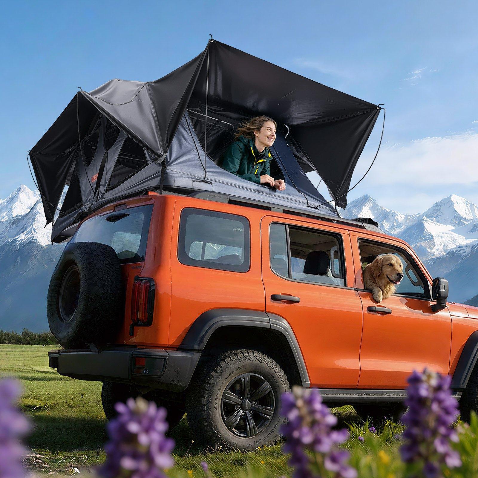 VEVOR Rooftop Tent, 2-3 Person Foldable Aluminum Roof Top Tent with Tri-Color LED Light, Thick Mattress 10 Windows, Waterproof Windproof Overland Camping Car Roof Rack Suitable for Jeep SUV Pickup
