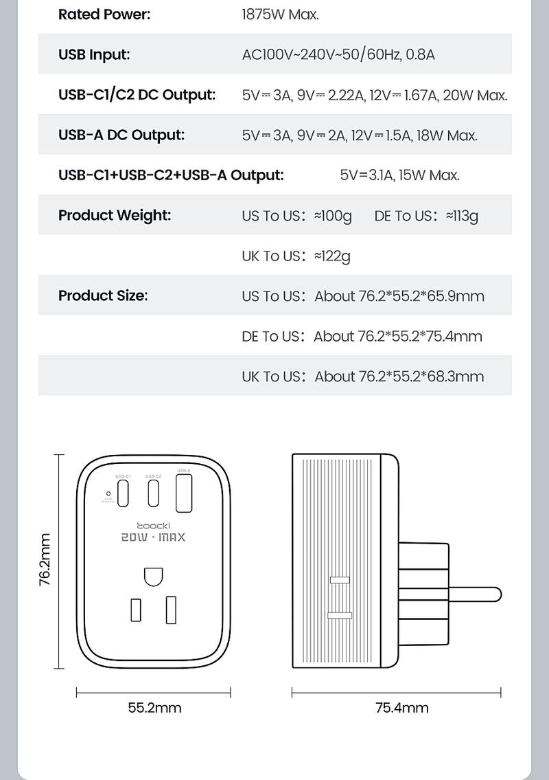 USA to Europe International Plug Adapter, Toocki Travel Adapter, (Single C port 20W Max, USB-A port 18W Max) with 3 AC, 2 USB-C, and 1 USB-A Port, Ideal for iPhone 15, iPad Air, and More,for USA to EU Germany France Iceland Italy  Greece fast charge